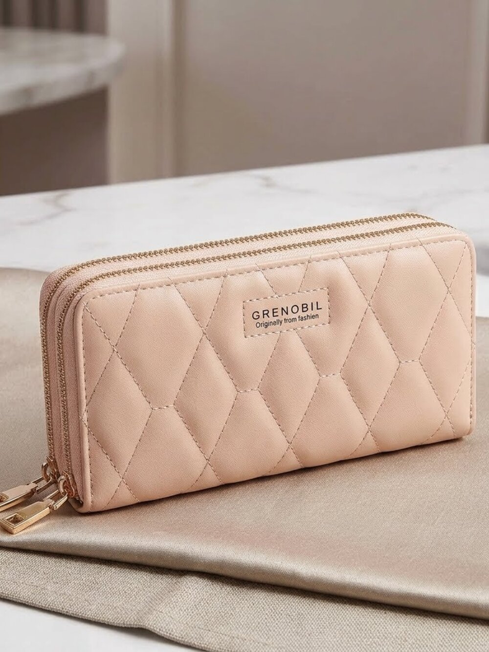 NWT Grenobil Pink Quilted Wristlet Wallet Double Zip Around Clutch Bag